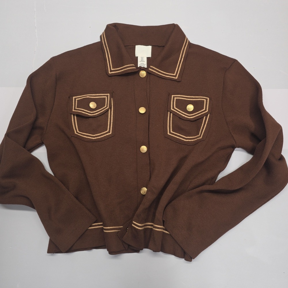 H&M Brown Knit Cardigan Jacket Gold Crest Buttons Contrast Trim Size Medium